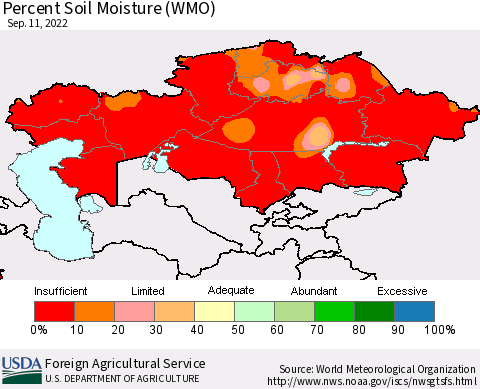 Kazakhstan Percent Soil Moisture (WMO) Thematic Map For 9/5/2022 - 9/11/2022