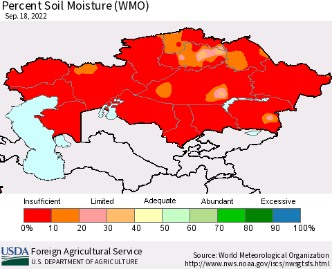 Kazakhstan Percent Soil Moisture (WMO) Thematic Map For 9/12/2022 - 9/18/2022