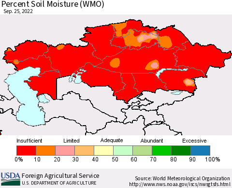 Kazakhstan Percent Soil Moisture (WMO) Thematic Map For 9/19/2022 - 9/25/2022