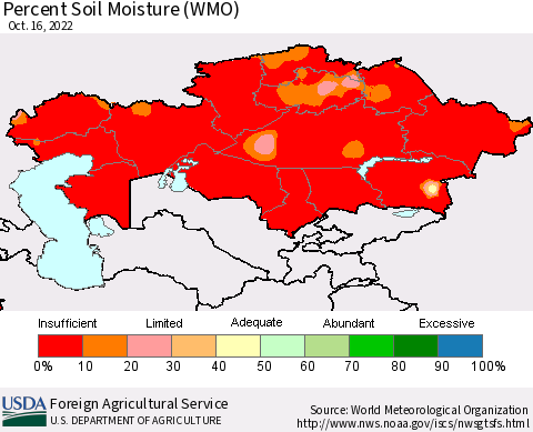 Kazakhstan Percent Soil Moisture (WMO) Thematic Map For 10/10/2022 - 10/16/2022