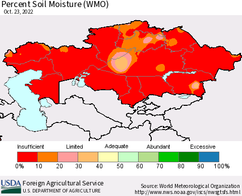 Kazakhstan Percent Soil Moisture (WMO) Thematic Map For 10/17/2022 - 10/23/2022