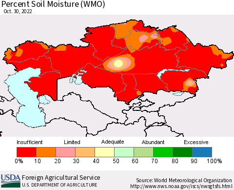 Kazakhstan Percent Soil Moisture (WMO) Thematic Map For 10/24/2022 - 10/30/2022