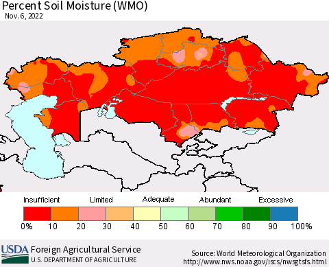 Kazakhstan Percent Soil Moisture (WMO) Thematic Map For 10/31/2022 - 11/6/2022