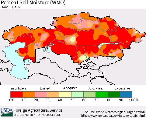 Kazakhstan Percent Soil Moisture (WMO) Thematic Map For 11/7/2022 - 11/13/2022