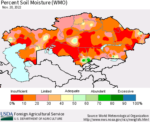 Kazakhstan Percent Soil Moisture (WMO) Thematic Map For 11/14/2022 - 11/20/2022