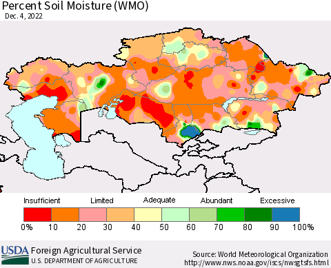 Kazakhstan Percent Soil Moisture (WMO) Thematic Map For 11/28/2022 - 12/4/2022