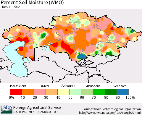 Kazakhstan Percent Soil Moisture (WMO) Thematic Map For 12/5/2022 - 12/11/2022