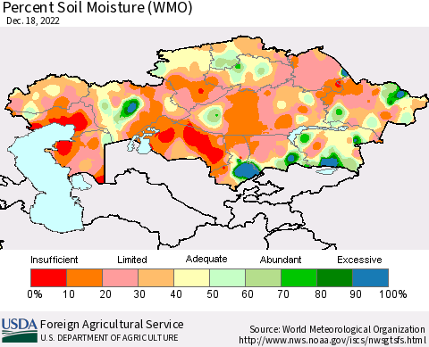 Kazakhstan Percent Soil Moisture (WMO) Thematic Map For 12/12/2022 - 12/18/2022