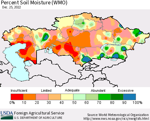 Kazakhstan Percent Soil Moisture (WMO) Thematic Map For 12/19/2022 - 12/25/2022