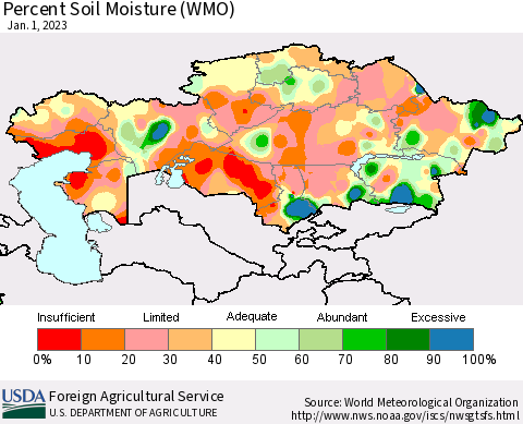 Kazakhstan Percent Soil Moisture (WMO) Thematic Map For 12/26/2022 - 1/1/2023