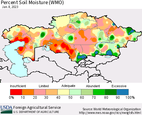 Kazakhstan Percent Soil Moisture (WMO) Thematic Map For 1/2/2023 - 1/8/2023