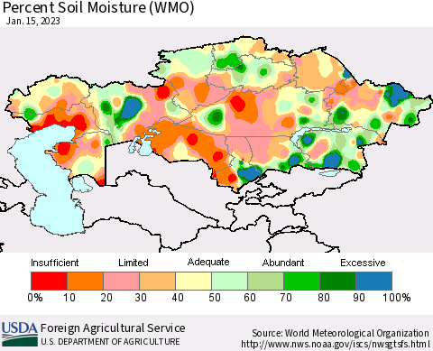 Kazakhstan Percent Soil Moisture (WMO) Thematic Map For 1/9/2023 - 1/15/2023