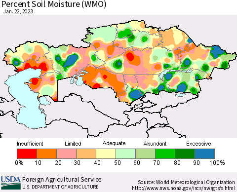 Kazakhstan Percent Soil Moisture (WMO) Thematic Map For 1/16/2023 - 1/22/2023