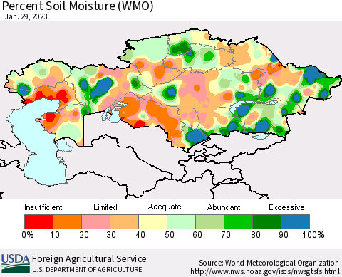 Kazakhstan Percent Soil Moisture (WMO) Thematic Map For 1/23/2023 - 1/29/2023