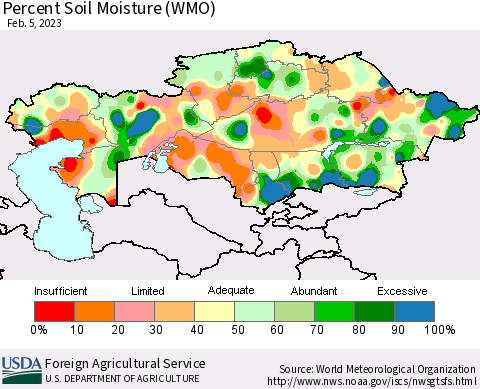 Kazakhstan Percent Soil Moisture (WMO) Thematic Map For 1/30/2023 - 2/5/2023