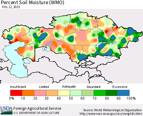 Kazakhstan Percent Soil Moisture (WMO) Thematic Map For 2/6/2023 - 2/12/2023