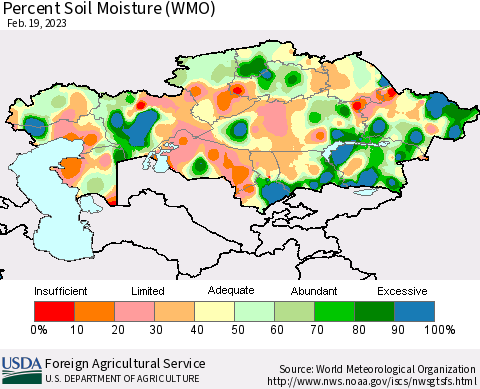 Kazakhstan Percent Soil Moisture (WMO) Thematic Map For 2/13/2023 - 2/19/2023