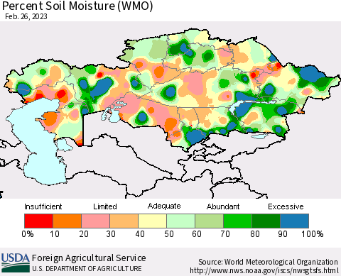 Kazakhstan Percent Soil Moisture (WMO) Thematic Map For 2/20/2023 - 2/26/2023