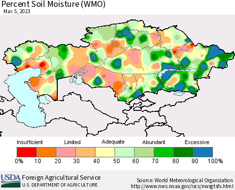 Kazakhstan Percent Soil Moisture (WMO) Thematic Map For 2/27/2023 - 3/5/2023