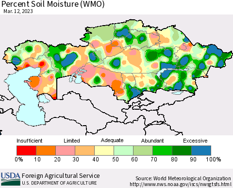Kazakhstan Percent Soil Moisture (WMO) Thematic Map For 3/6/2023 - 3/12/2023