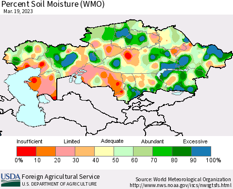 Kazakhstan Percent Soil Moisture (WMO) Thematic Map For 3/13/2023 - 3/19/2023