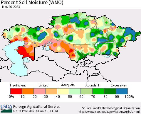 Kazakhstan Percent Soil Moisture (WMO) Thematic Map For 3/20/2023 - 3/26/2023