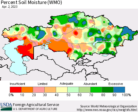 Kazakhstan Percent Soil Moisture (WMO) Thematic Map For 3/27/2023 - 4/2/2023