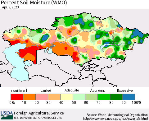 Kazakhstan Percent Soil Moisture (WMO) Thematic Map For 4/3/2023 - 4/9/2023