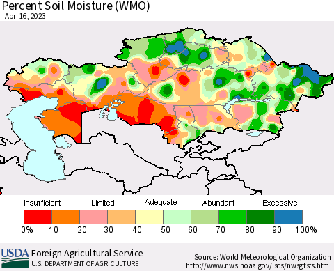 Kazakhstan Percent Soil Moisture (WMO) Thematic Map For 4/10/2023 - 4/16/2023