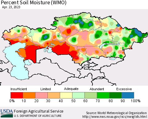 Kazakhstan Percent Soil Moisture (WMO) Thematic Map For 4/17/2023 - 4/23/2023