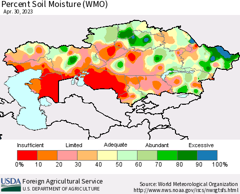 Kazakhstan Percent Soil Moisture (WMO) Thematic Map For 4/24/2023 - 4/30/2023