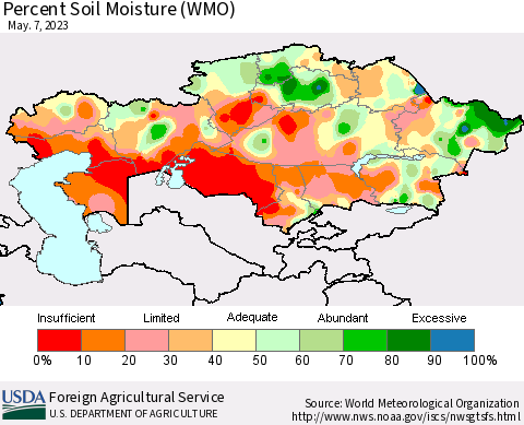 Kazakhstan Percent Soil Moisture (WMO) Thematic Map For 5/1/2023 - 5/7/2023