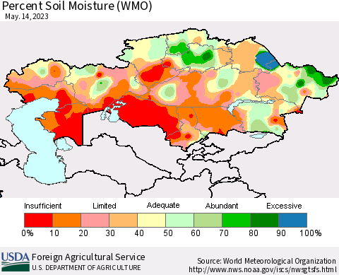 Kazakhstan Percent Soil Moisture (WMO) Thematic Map For 5/8/2023 - 5/14/2023