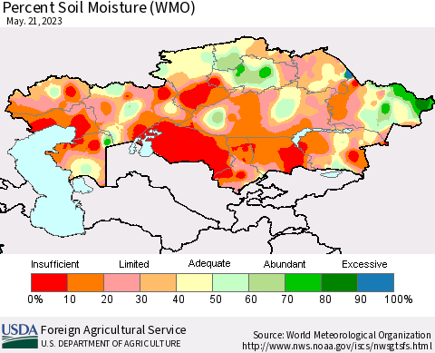 Kazakhstan Percent Soil Moisture (WMO) Thematic Map For 5/15/2023 - 5/21/2023