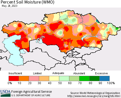 Kazakhstan Percent Soil Moisture (WMO) Thematic Map For 5/22/2023 - 5/28/2023