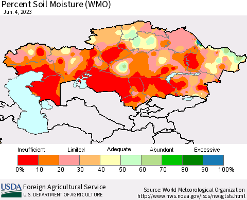 Kazakhstan Percent Soil Moisture (WMO) Thematic Map For 5/29/2023 - 6/4/2023