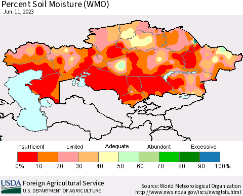 Kazakhstan Percent Soil Moisture (WMO) Thematic Map For 6/5/2023 - 6/11/2023