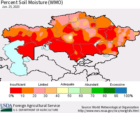 Kazakhstan Percent Soil Moisture (WMO) Thematic Map For 6/19/2023 - 6/25/2023