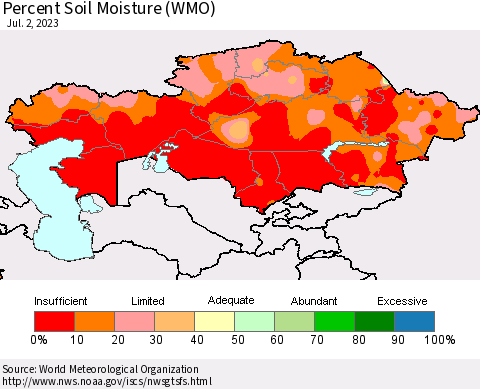 Kazakhstan Percent Soil Moisture (WMO) Thematic Map For 6/26/2023 - 7/2/2023