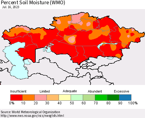 Kazakhstan Percent Soil Moisture (WMO) Thematic Map For 7/10/2023 - 7/16/2023