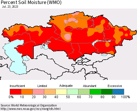 Kazakhstan Percent Soil Moisture (WMO) Thematic Map For 7/17/2023 - 7/23/2023