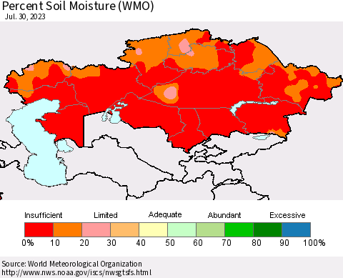 Kazakhstan Percent Soil Moisture (WMO) Thematic Map For 7/24/2023 - 7/30/2023
