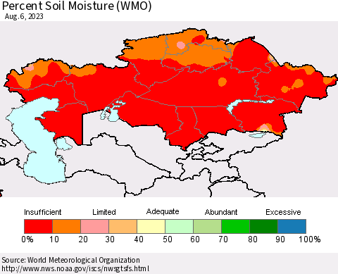Kazakhstan Percent Soil Moisture (WMO) Thematic Map For 7/31/2023 - 8/6/2023