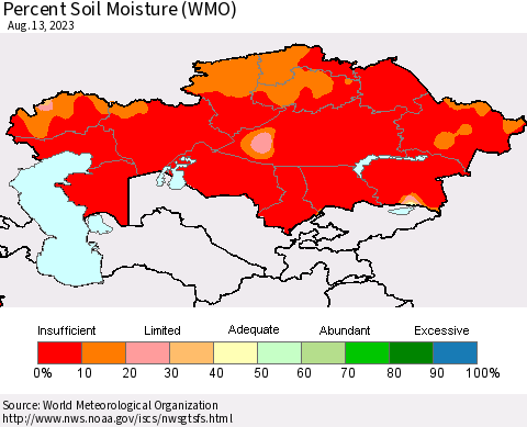 Kazakhstan Percent Soil Moisture (WMO) Thematic Map For 8/7/2023 - 8/13/2023