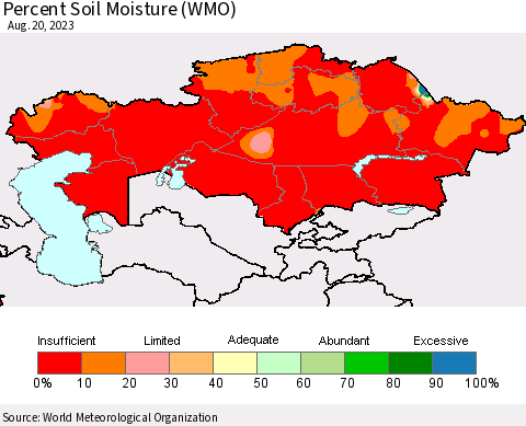 Kazakhstan Percent Soil Moisture (WMO) Thematic Map For 8/14/2023 - 8/20/2023
