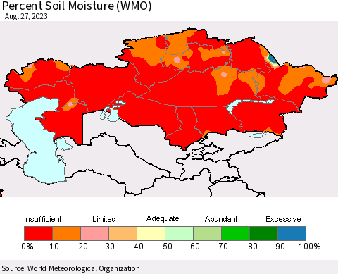 Kazakhstan Percent Soil Moisture (WMO) Thematic Map For 8/21/2023 - 8/27/2023