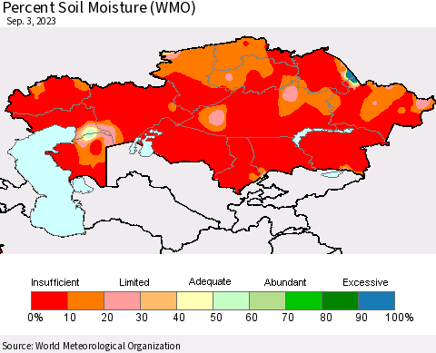 Kazakhstan Percent Soil Moisture (WMO) Thematic Map For 8/28/2023 - 9/3/2023