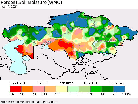 Kazakhstan Percent Soil Moisture (WMO) Thematic Map For 4/1/2024 - 4/7/2024