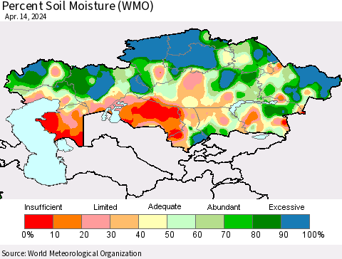 Kazakhstan Percent Soil Moisture (WMO) Thematic Map For 4/8/2024 - 4/14/2024