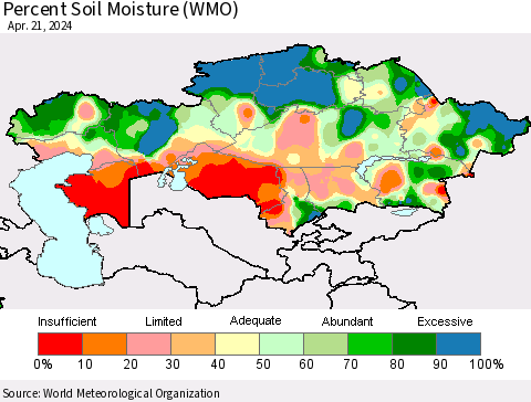 Kazakhstan Percent Soil Moisture (WMO) Thematic Map For 4/15/2024 - 4/21/2024